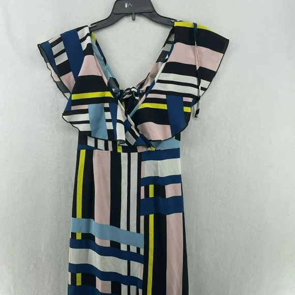 Prettylittlething Midi Dress Sz 6 Black Pink Yellow Striped V-Neck Ruffle Hem - Picture 7 of 10